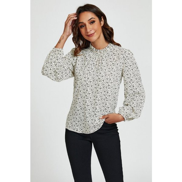 FS Collection Langarmbluse Damen Bluse hochgeschlossenes Oberteil mit Rüschendetail & Blumendruck (XS (UK 8 / EU 36) S (UK 10 / EU 38) M (UK 12 / EU 40) L (UK 1