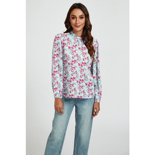 FS Collection Langarmbluse Damen Bluse hochgeschlossenes Oberteil mit Rüschendetail & Blumendruck (XS (UK 8 / EU 36) S (UK 10 / EU 38) M (UK 12 / EU 40) L (UK 1