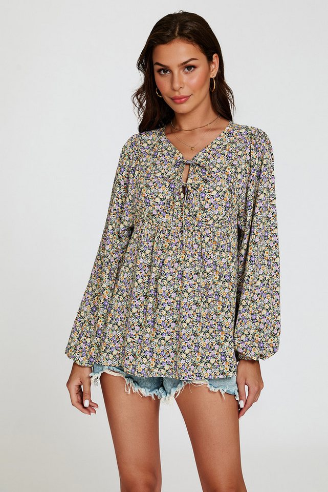 FS Collection Langarmbluse Damen Bluse mit V-Ausschnitt mit Bindedetail - Blusenoberteil (XS (UK 8 / EU 36) S (UK 10 / EU 38) M (UK 12 / EU 40) L (UK 14 / EU 42 – Bild 2 von 5