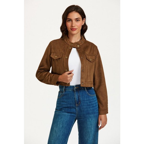 FS Collection Lederimitatjacke Damen Kunstlederjacke in Camel -Cropped Kurzjacke aus Lederimitatjacke (Größen: S, M, L, XL) 96,3 % Polyester, 3,7 % Elasthan