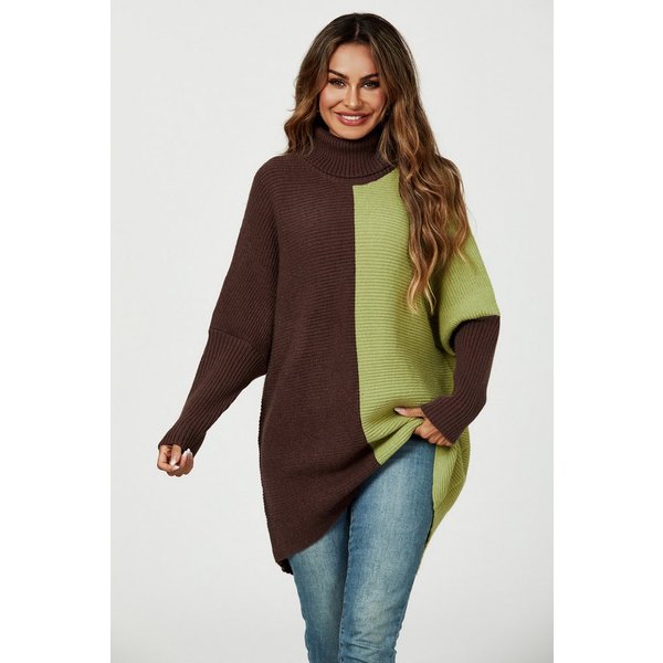 FS Collection Longpullover Damen Pullover-Oberteil Longpullover Blockfarben Rollkragen Halblang (Einheitsgröße: UK 8–16 / EU 36–44, 7 stilvollen Farbvarianten) 