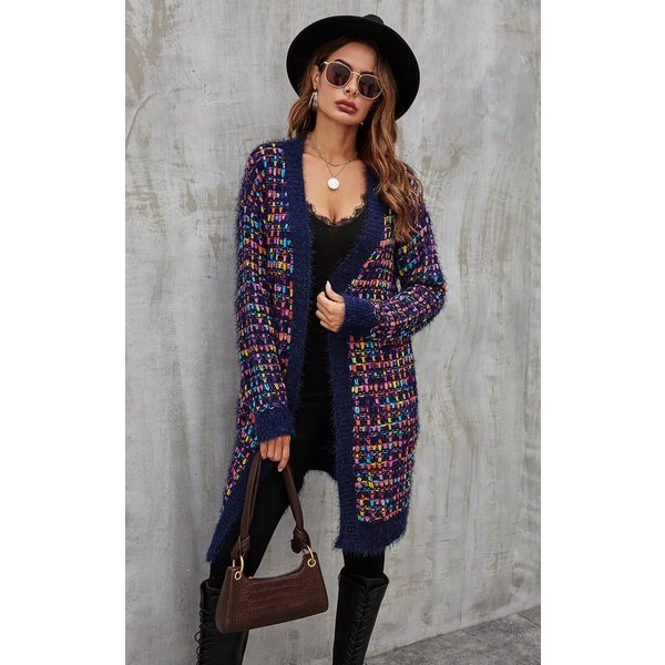 FS Collection Longstrickjacke Bouclé Strickjacke Cardigan mit Karomuster – gemütlicher Stil (Einheitsgröße: UK 8–16 / EU 36–44, 3 Farben : Cremeweiß Bunt, Marin