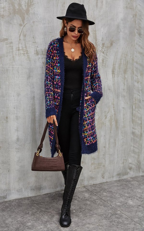 FS Collection Longstrickjacke Bouclé Strickjacke Cardigan mit Karomuster – gemütlicher Stil (Einheitsgröße: UK 8–16 / EU 36–44, 3 Farben : Cremeweiß Bunt, Marin – Bild 2 von 5