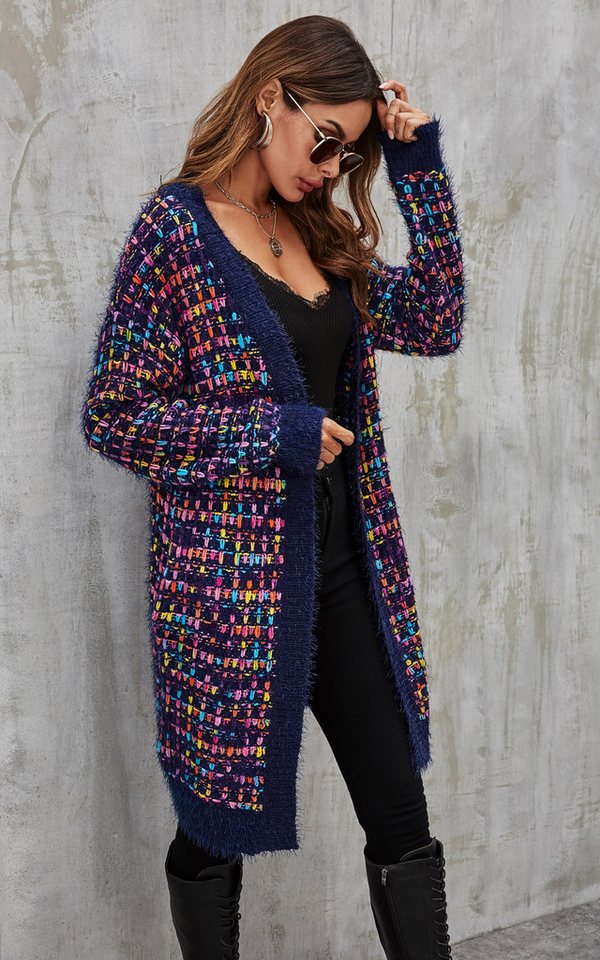 FS Collection Longstrickjacke Bouclé Strickjacke Cardigan mit Karomuster – gemütlicher Stil (Einheitsgröße: UK 8–16 / EU 36–44, 3 Farben : Cremeweiß Bunt, Marin – Bild 3 von 5