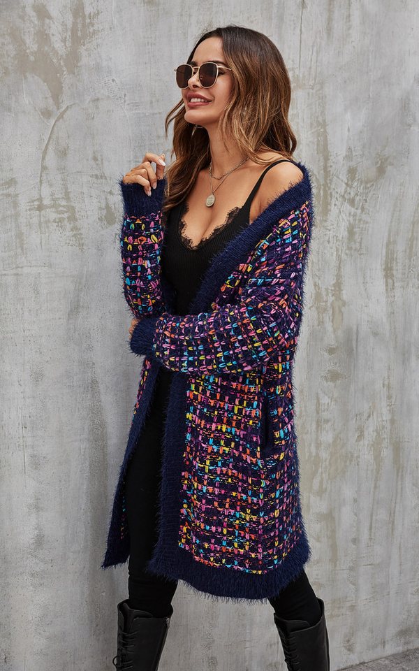 FS Collection Longstrickjacke Bouclé Strickjacke Cardigan mit Karomuster – gemütlicher Stil (Einheitsgröße: UK 8–16 / EU 36–44, 3 Farben : Cremeweiß Bunt, Marin – Bild 4 von 5