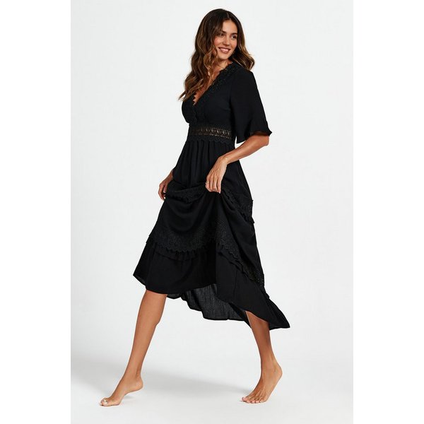 FS Collection Midikleid Damen Midikleid aus Baumwolle mit V-Ausschnitt und Spitze (XS (EU:36 / UK:8) · S (EU:38 / UK:10) · M (EU:40 / UK:12) · L (EU:42 / UK:14)