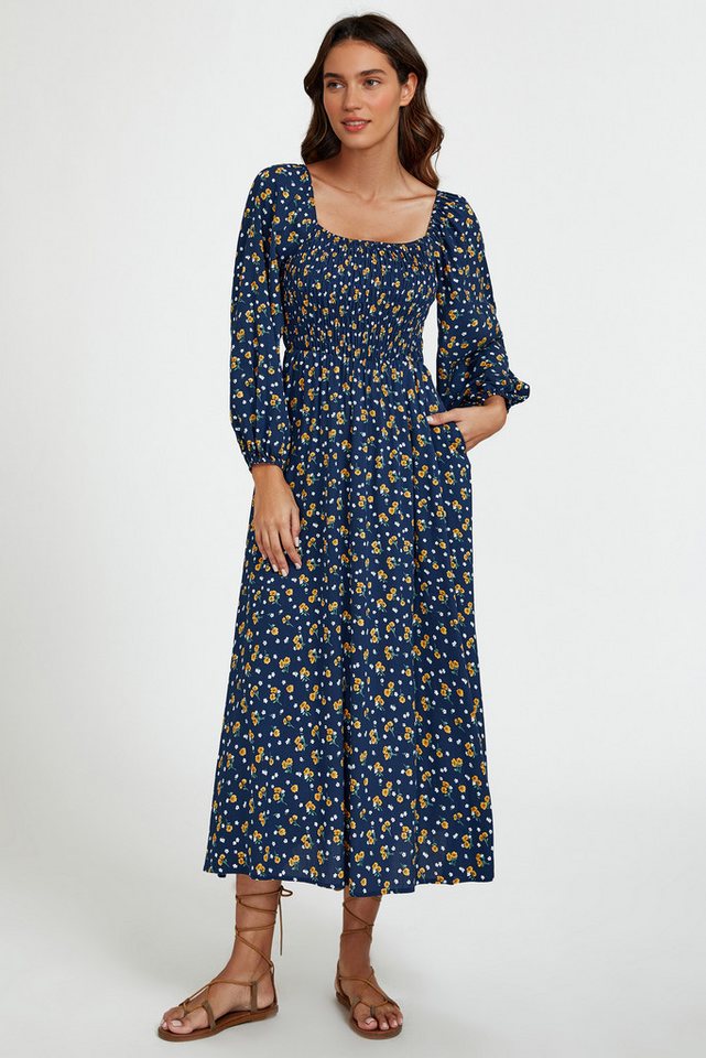 FS Collection Midikleid Damen Midikleid Print eckiger Ausschnitt gerafft Viskose Sommerkleid (Einheitsgröße: XS (EU:36 / UK:8) · S (EU:38 / UK:10) · M (EU:40 /  – Bild 4 von 5