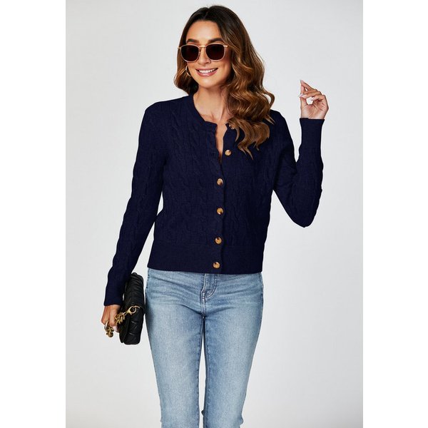 FS Collection Strickjacke Damen Strickjacke mit Rundhalsausschnitt & Zopfmuster Cardigan (Einheitsgröße: UK 8–16 / EU 36–44, 3 Farben : Creme, Marineblau und Gr