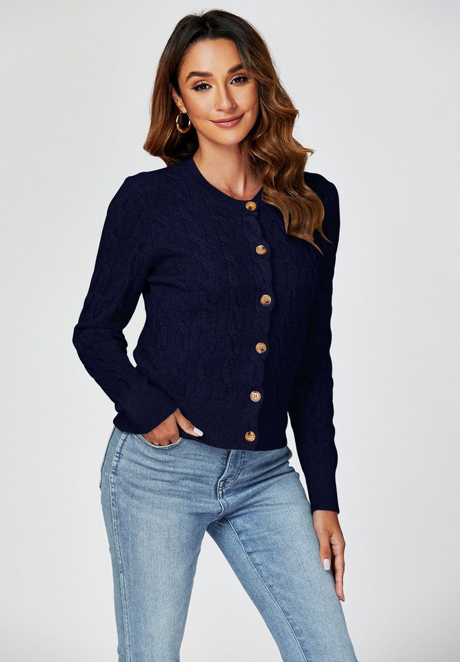 FS Collection Strickjacke Damen Strickjacke mit Rundhalsausschnitt & Zopfmuster Cardigan (Einheitsgröße: UK 8–16 / EU 36–44, 3 Farben : Creme, Marineblau und Gr – Bild 2 von 4