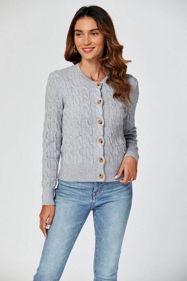 FS Collection Strickjacke Damen Strickjacke mit Rundhalsausschnitt & Zopfmuster Cardigan (Einheitsgröße: UK 8–16 / EU 36–44, 3 Farben : Creme, Marineblau und Gr – Bild 3 von 5