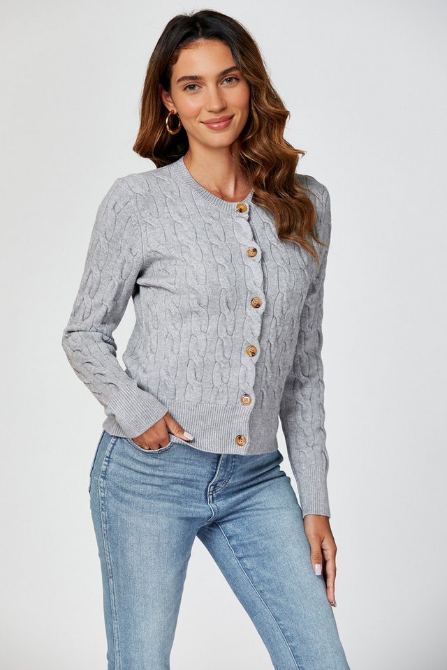 FS Collection Strickjacke Damen Strickjacke mit Rundhalsausschnitt & Zopfmuster Cardigan (Einheitsgröße: UK 8–16 / EU 36–44, 3 Farben : Creme, Marineblau und Gr – Bild 4 von 5