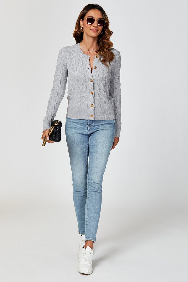 FS Collection Strickjacke Damen Strickjacke mit Rundhalsausschnitt & Zopfmuster Cardigan (Einheitsgröße: UK 8–16 / EU 36–44, 3 Farben : Creme, Marineblau und Gr – Bild 5 von 5