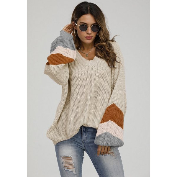 FS Collection Strickpullover Gestreifter Pullover mit V-Ausschnitt – Lange Ärmel - Onesize - Beige (elegantes, alltagstaugliches Design für Damen) 100 % Acryl -