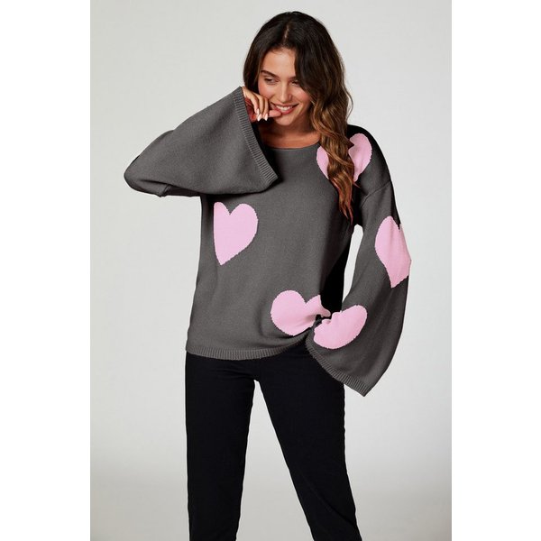 FS Collection Strickpullover Oversize Pullover mit weiten Ärmeln und Herzmuster – Strickwaren (Einheitsgröße: UK 8–12 / EU 36–40, 3 Farben : Rosa - Hellgrau - D