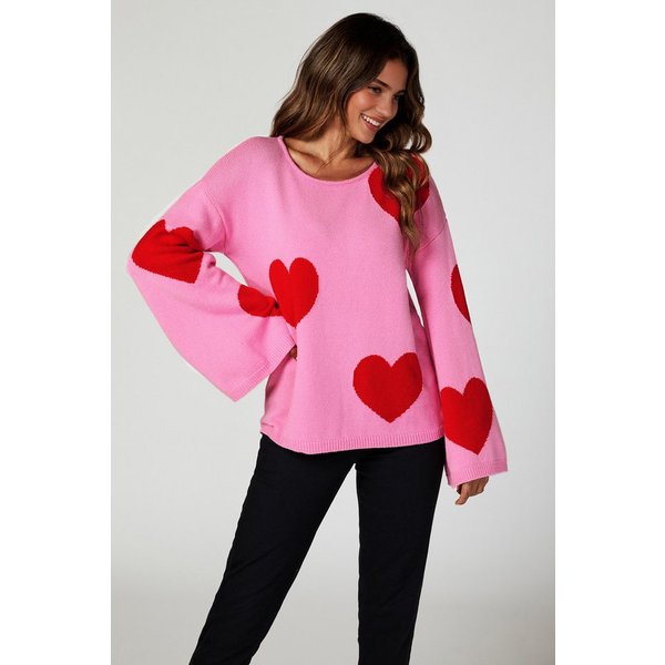FS Collection Strickpullover Oversize Pullover mit weiten Ärmeln und Herzmuster – Strickwaren (Einheitsgröße: UK 8–12 / EU 36–40, 3 Farben : Rosa - Hellgrau - D