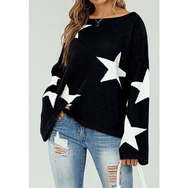 FS Collection Strickpullover Oversize Pullover mit weiten Ärmeln und Stern – Strickwaren (Einheitsgröße: UK 8–12 / EU 36–40, 5 Farben : Grau, Schwarz, Creme, Ro