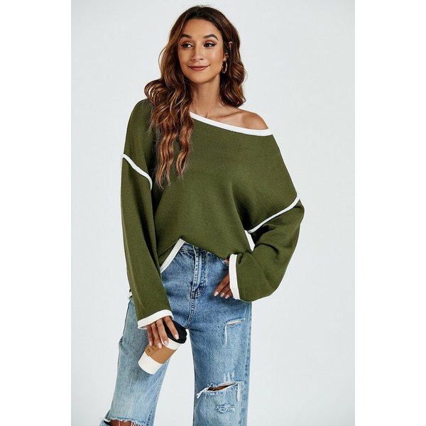 FS Collection Strickpullover Trendiges Oversize Pullovertop Pulloveroberteil – Damen Strick (Einheitsgröße: UK 8–16 / EU 36–44) Oversize-Passform, weiße Kontras