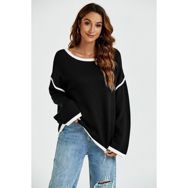 FS Collection Strickpullover Trendiges Oversize Pullovertop Pulloveroberteil – Damen Strick (Einheitsgröße: UK 8–16 / EU 36–44) Oversize-Passform, weiße Kontras