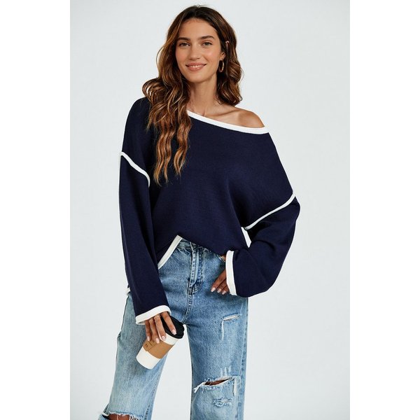 FS Collection Strickpullover Trendiges Oversize Pullovertop Pulloveroberteil – Damen Strick (Einheitsgröße: UK 8–16 / EU 36–44) Oversize-Passform, weiße Kontras