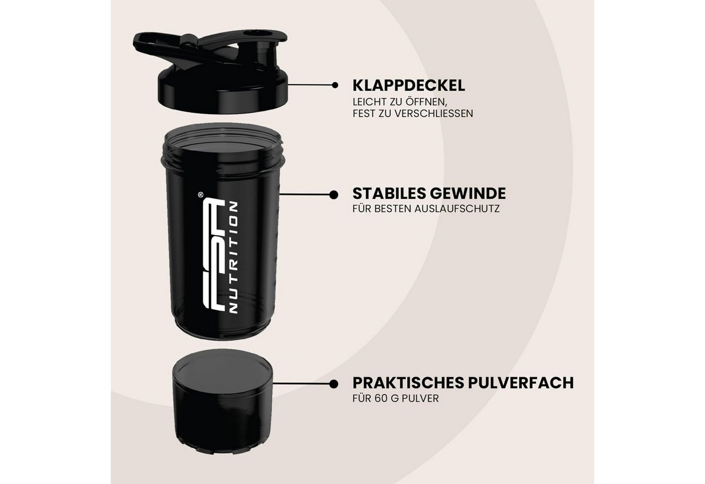 FSA NUTRITION Protein Shaker mit Pulverfach & Mischkugel - Auslaufsicher & Spülmaschinengeeignet, Shaker mit Pulverfach, Skala und Mischsieb - für Krafttraining – Bild 2 von 5