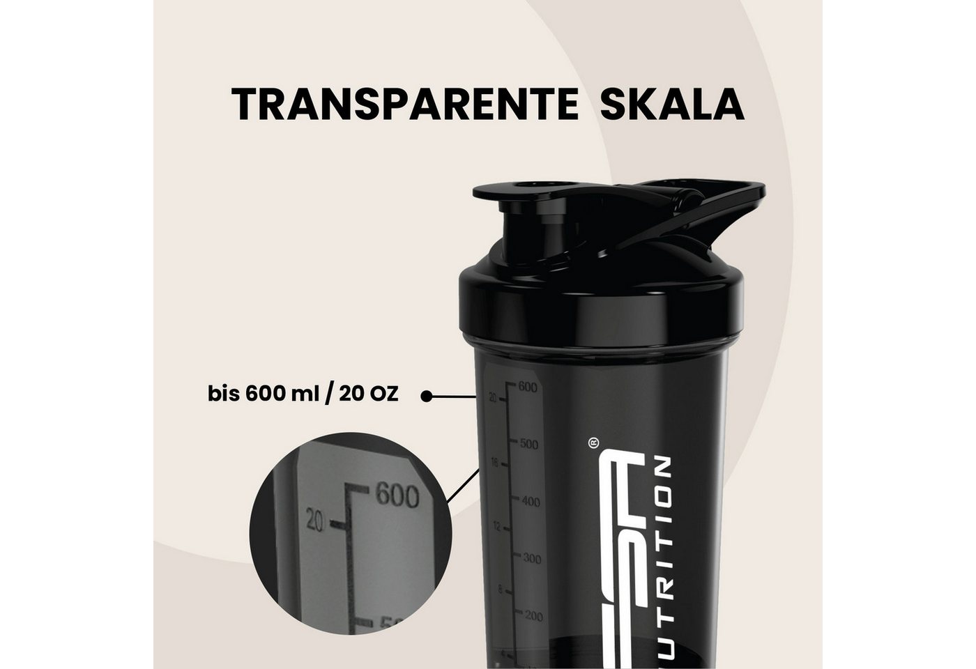 FSA NUTRITION Protein Shaker mit Pulverfach & Mischkugel - Auslaufsicher & Spülmaschinengeeignet, Shaker mit Pulverfach, Skala und Mischsieb - für Krafttraining – Bild 3 von 5