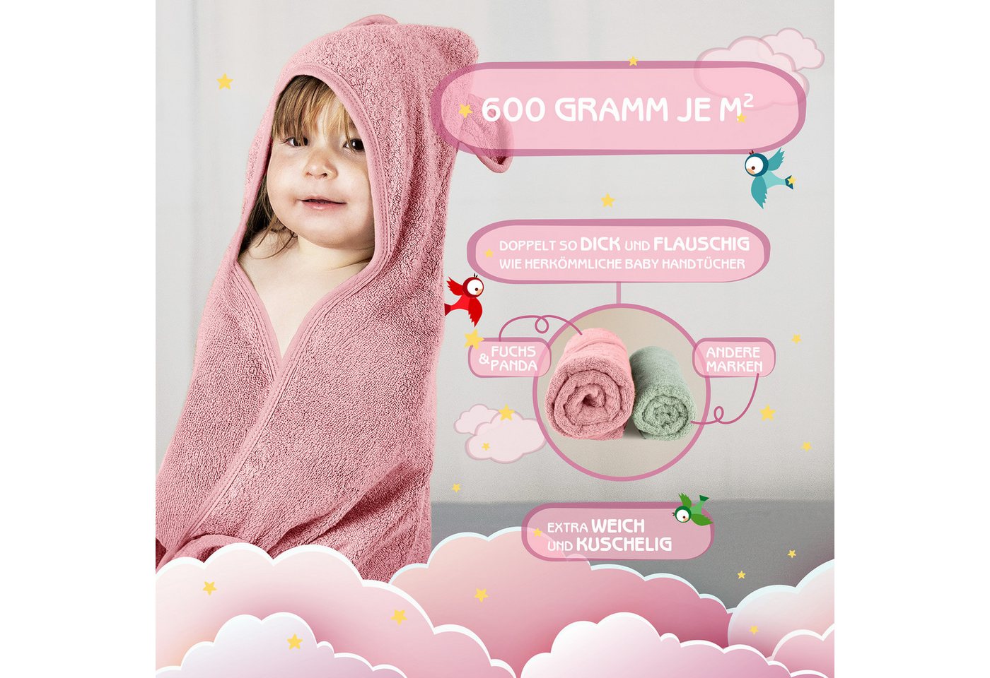 Fuchs & Panda Kapuzenhandtuch Kapuzenhandtuch Baby EXTRA dick, warm & weich aus 100% Bambus, 100% Bambus: Antimikrobiell, Atmungsaktiv, Hypoallergen, Superweich – Bild 3 von 5