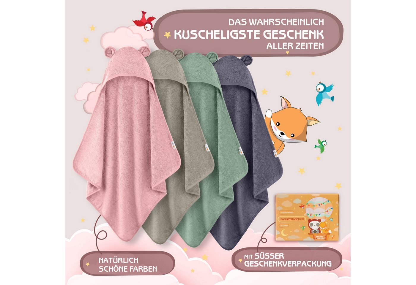 Fuchs & Panda Kapuzenhandtuch Kapuzenhandtuch Baby EXTRA dick, warm & weich aus 100% Bambus, 100% Bambus: Antimikrobiell, Atmungsaktiv, Hypoallergen, Superweich – Bild 5 von 5
