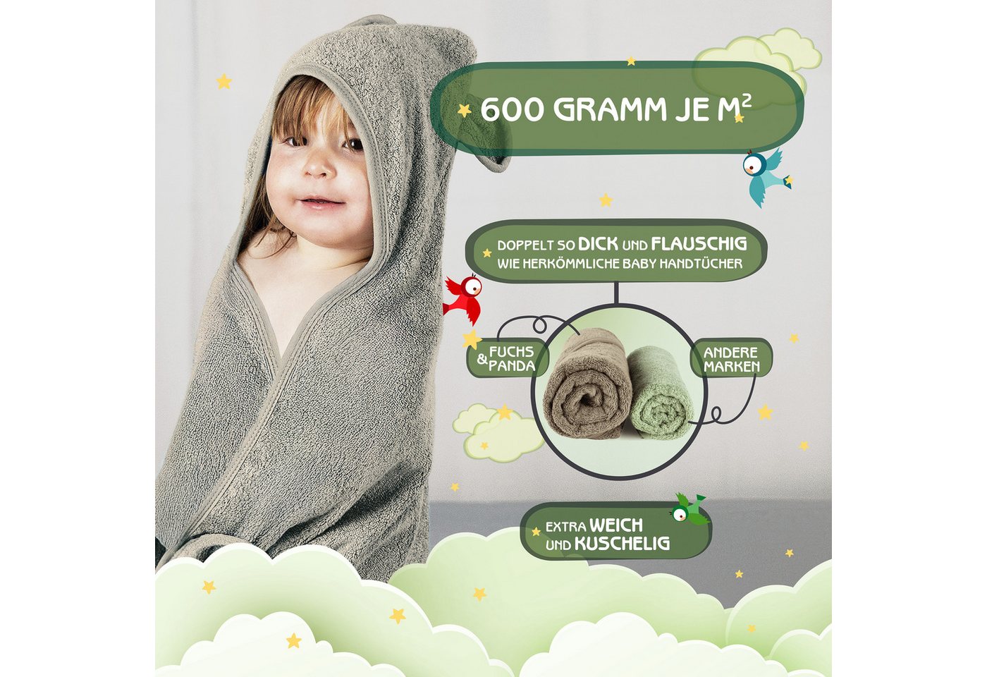 Fuchs & Panda Kapuzenhandtuch Kapuzenhandtuch Baby EXTRA dick, warm & weich aus 100% Bambus, 100% Bambus: Antimikrobiell, Atmungsaktiv, Hypoallergen, Superweich – Bild 3 von 5