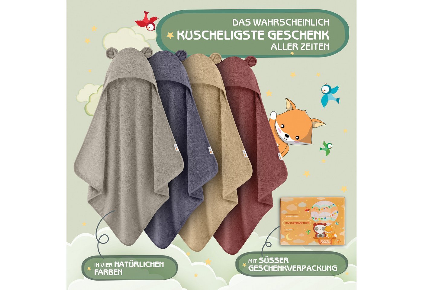 Fuchs & Panda Kapuzenhandtuch Kapuzenhandtuch Baby EXTRA dick, warm & weich aus 100% Bambus, 100% Bambus: Antimikrobiell, Atmungsaktiv, Hypoallergen, Superweich – Bild 5 von 5