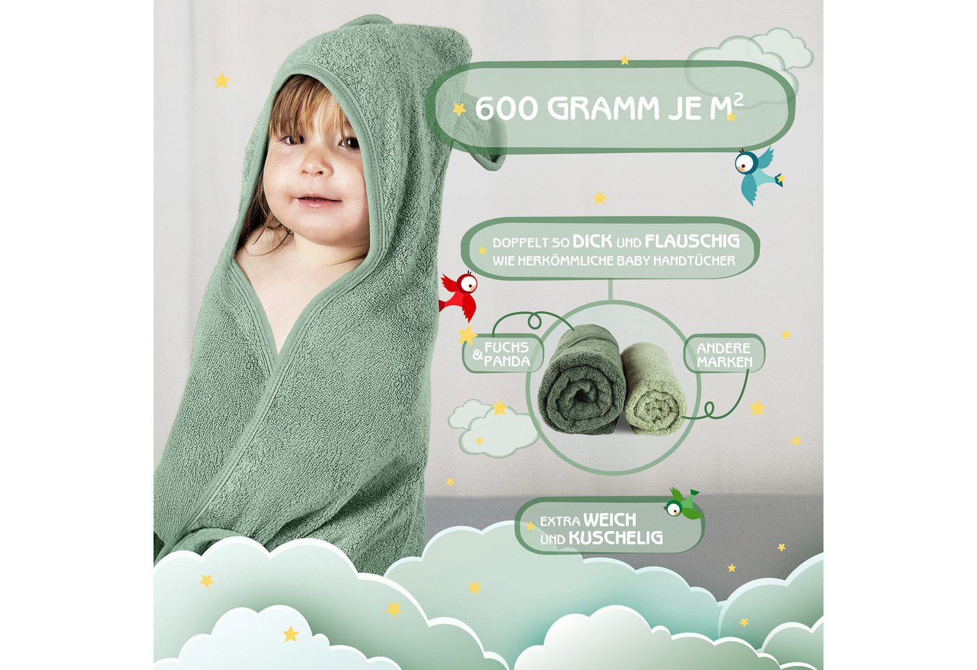 Fuchs & Panda Kapuzenhandtuch Kapuzenhandtuch Baby EXTRA dick, warm & weich aus 100% Bambus, 100% Bambus: Antimikrobiell, Atmungsaktiv, Hypoallergen, Superweich – Bild 3 von 5