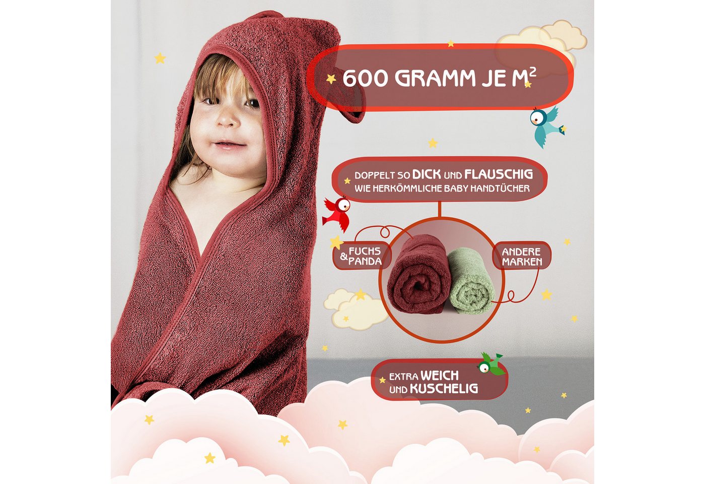 Fuchs & Panda Kapuzenhandtuch Kapuzenhandtuch Baby EXTRA dick, warm & weich aus 100% Bambus, 100% Bambus: Antimikrobiell, Atmungsaktiv, Hypoallergen, Superweich – Bild 3 von 5