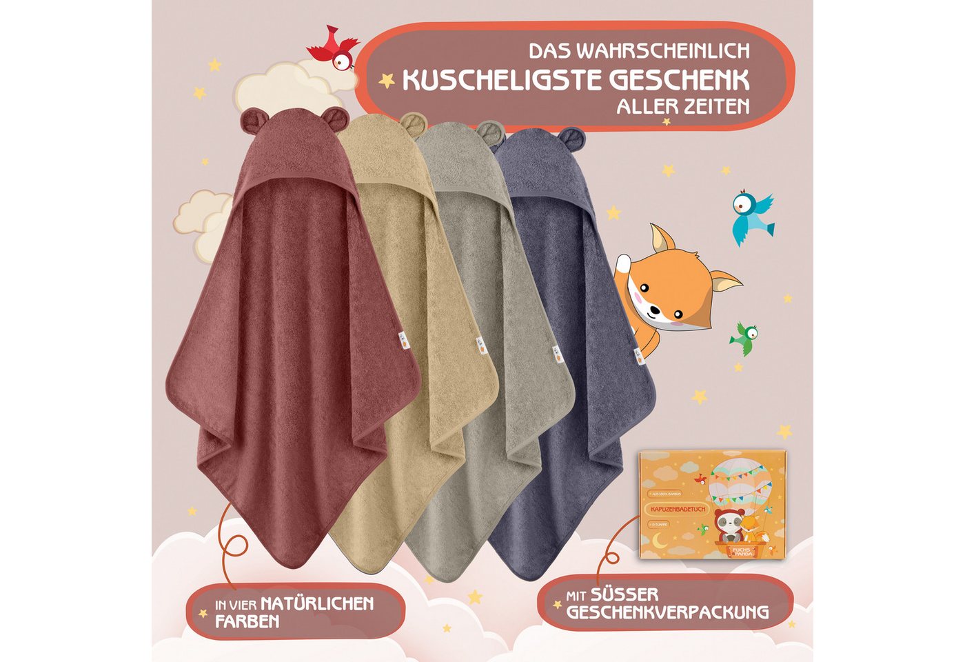 Fuchs & Panda Kapuzenhandtuch Kapuzenhandtuch Baby EXTRA dick, warm & weich aus 100% Bambus, 100% Bambus: Antimikrobiell, Atmungsaktiv, Hypoallergen, Superweich – Bild 5 von 5