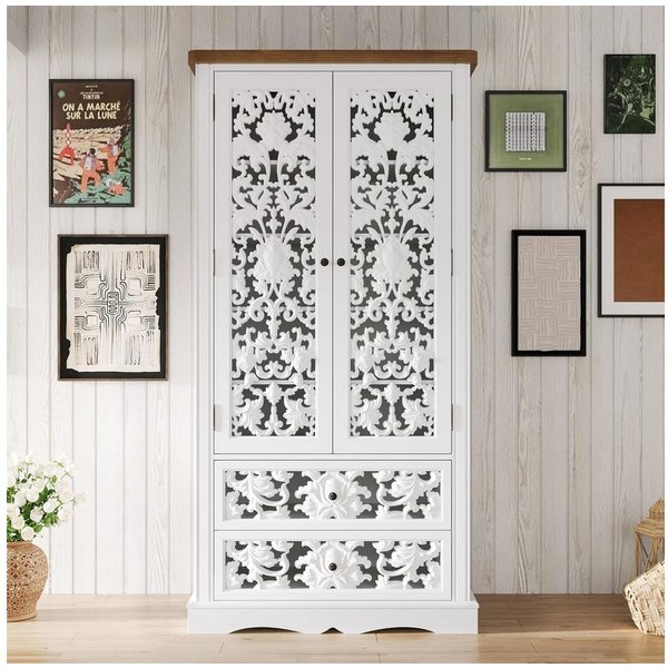 FUFU&GAGA Buffet Geschirrschrank mit geschnitzten Türen, Weiß, HDF, 84×40×168 cm