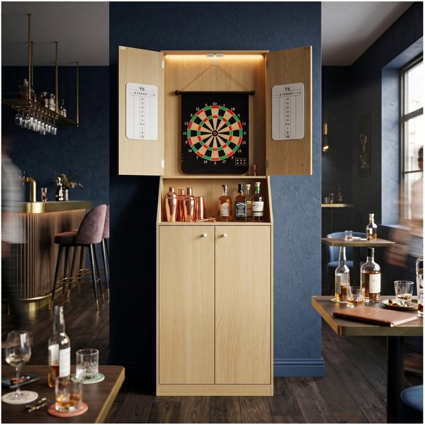 FUFU&GAGA Dartscheibe Dartboard freistehend 190cm, Dartschrank LED Punktetafel, Holz-Optik