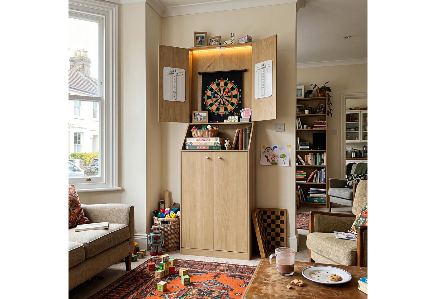 FUFU&GAGA Dartscheibe Dartboard freistehend 190cm, Dartschrank LED Punktetafel, Holz-Optik – Bild 2 von 5