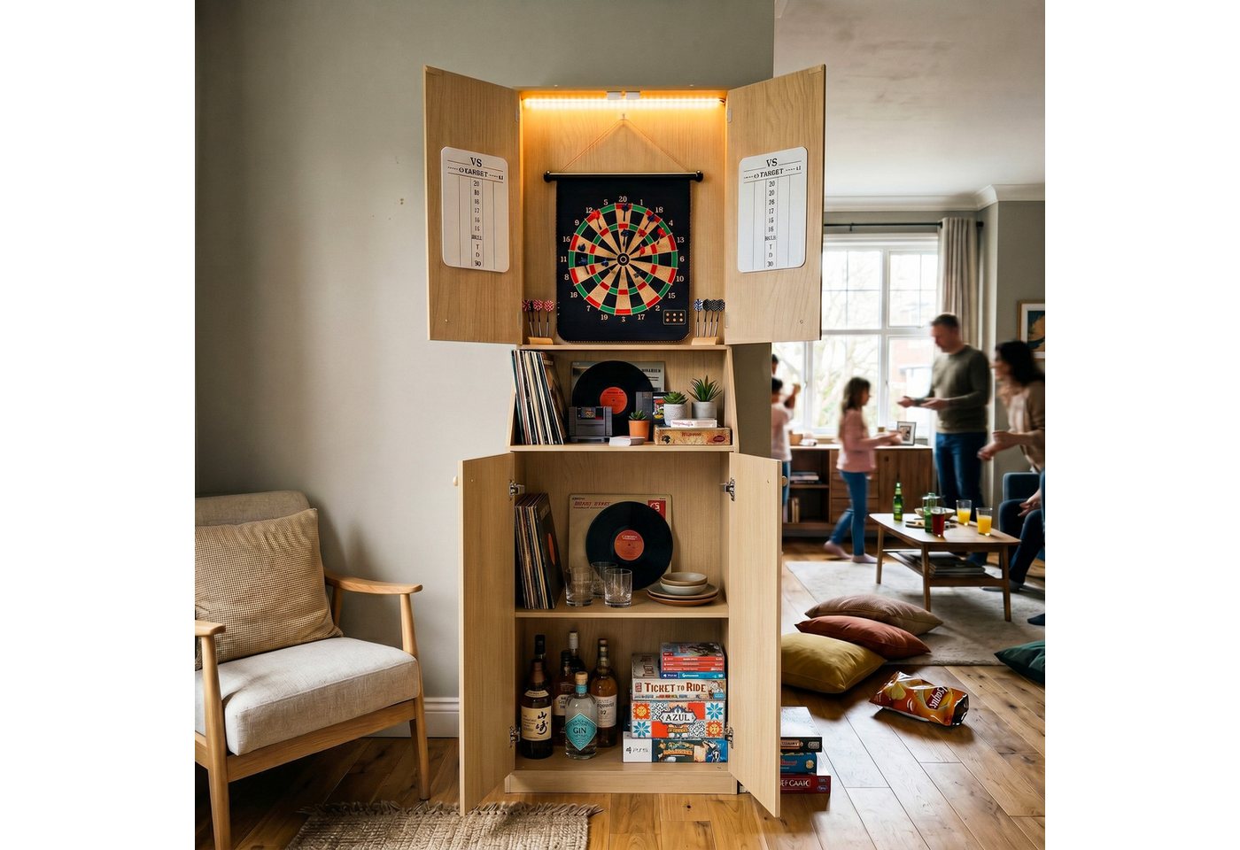 FUFU&GAGA Dartscheibe Dartboard freistehend 190cm, Dartschrank LED Punktetafel, Holz-Optik – Bild 4 von 5