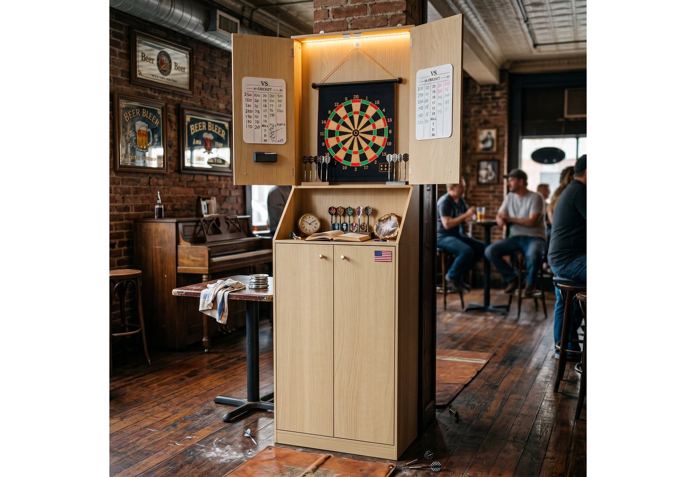 FUFU&GAGA Dartscheibe Dartboard freistehend 190cm, Dartschrank LED Punktetafel, Holz-Optik – Bild 5 von 5