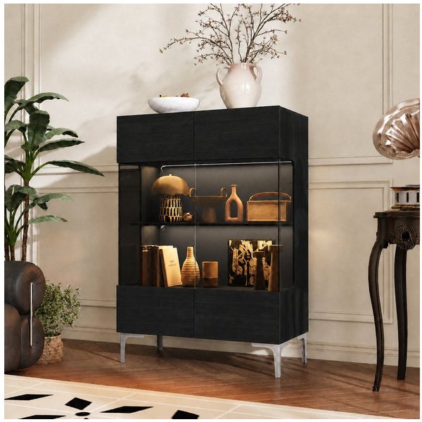 FUFU&GAGA Glasvitrine 115cm hoch, Vitrinenschrank mit LED und Glastüren