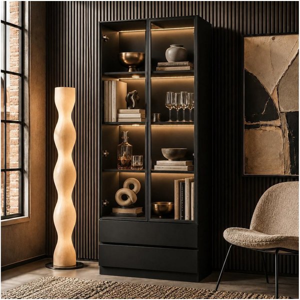 FUFU&GAGA Glasvitrine LED Sammlervitrine 175-200cm hoch, Push-to-Open, Weiß/Schwarz