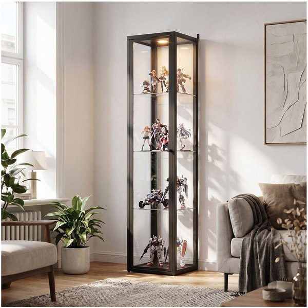 FUFU&GAGA Glasvitrine LED Sammlervitrine 175-200cm hoch, Push-to-Open, Weiß/Schwarz