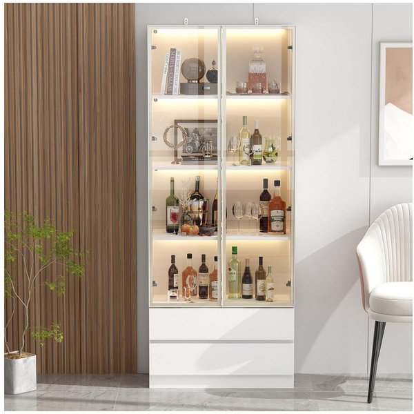 FUFU&GAGA Glasvitrine LED Sammlervitrine 175-200cm hoch, Push-to-Open, Weiß/Schwarz