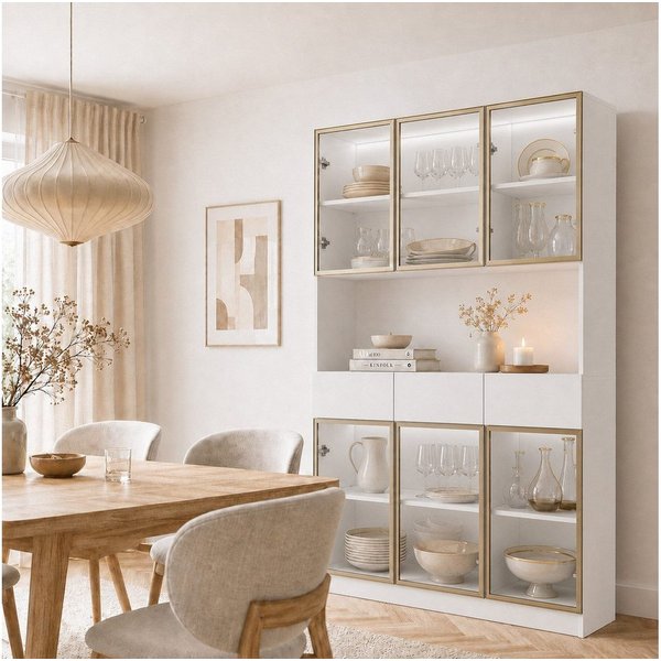 FUFU&GAGA Glasvitrine LED Sammlervitrine 175-200cm hoch, Push-to-Open, Weiß/Schwarz
