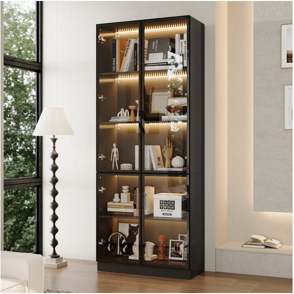 FUFU&GAGA Glasvitrine Sammelvitrine 165-200cm hoch, Vitrinenschrank mit LED Beleuchtung