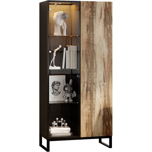 FUFU&GAGA Glasvitrine Vitrine mit Rundstrahler, Schwarz & Holzoptik, MDF+Glas, 80×41×175 cm