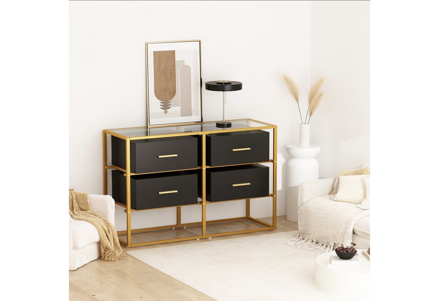 FUFU&GAGA Kommode Glas-Sideboard, Kommode, Schwarz-Gold, MDF & Glas, 100x35x65 cm – Bild 2 von 5