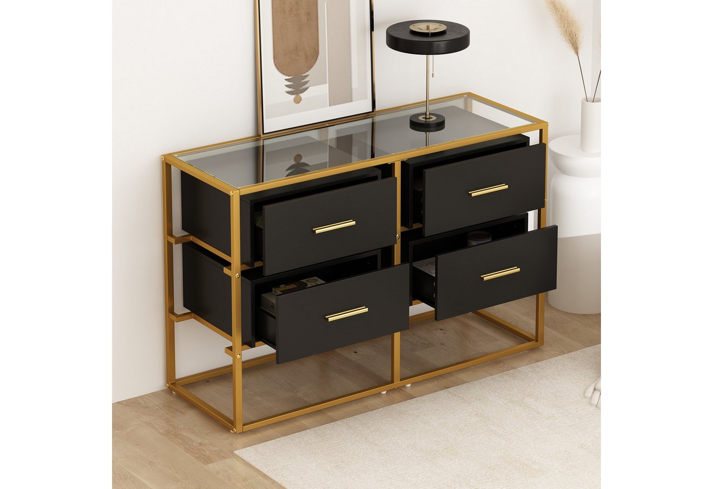 FUFU&GAGA Kommode Glas-Sideboard, Kommode, Schwarz-Gold, MDF & Glas, 100x35x65 cm – Bild 3 von 5