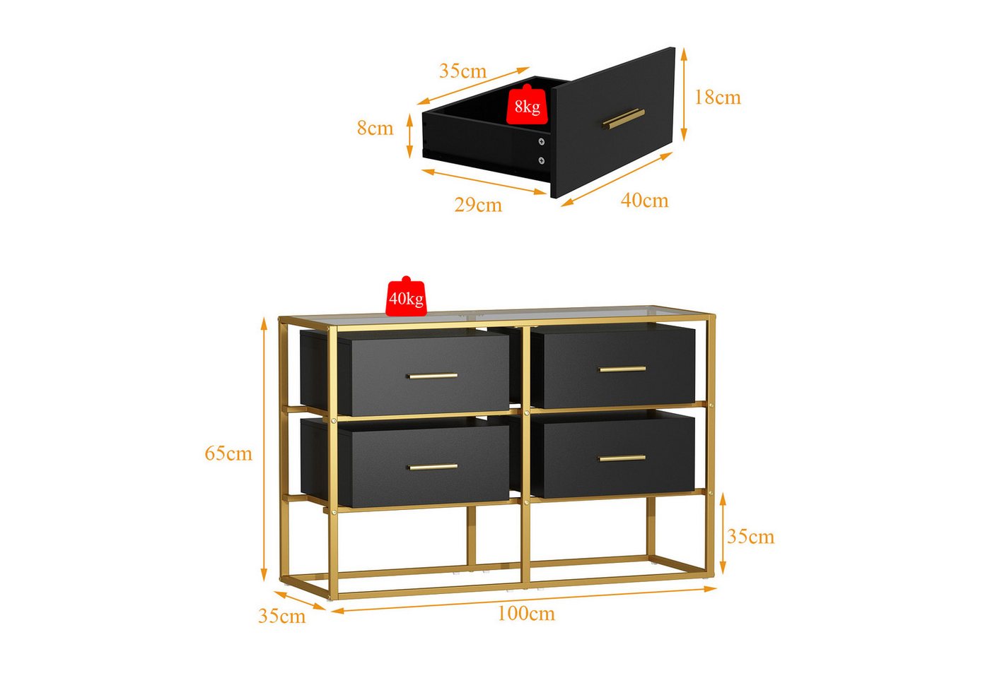 FUFU&GAGA Kommode Glas-Sideboard, Kommode, Schwarz-Gold, MDF & Glas, 100x35x65 cm – Bild 4 von 5