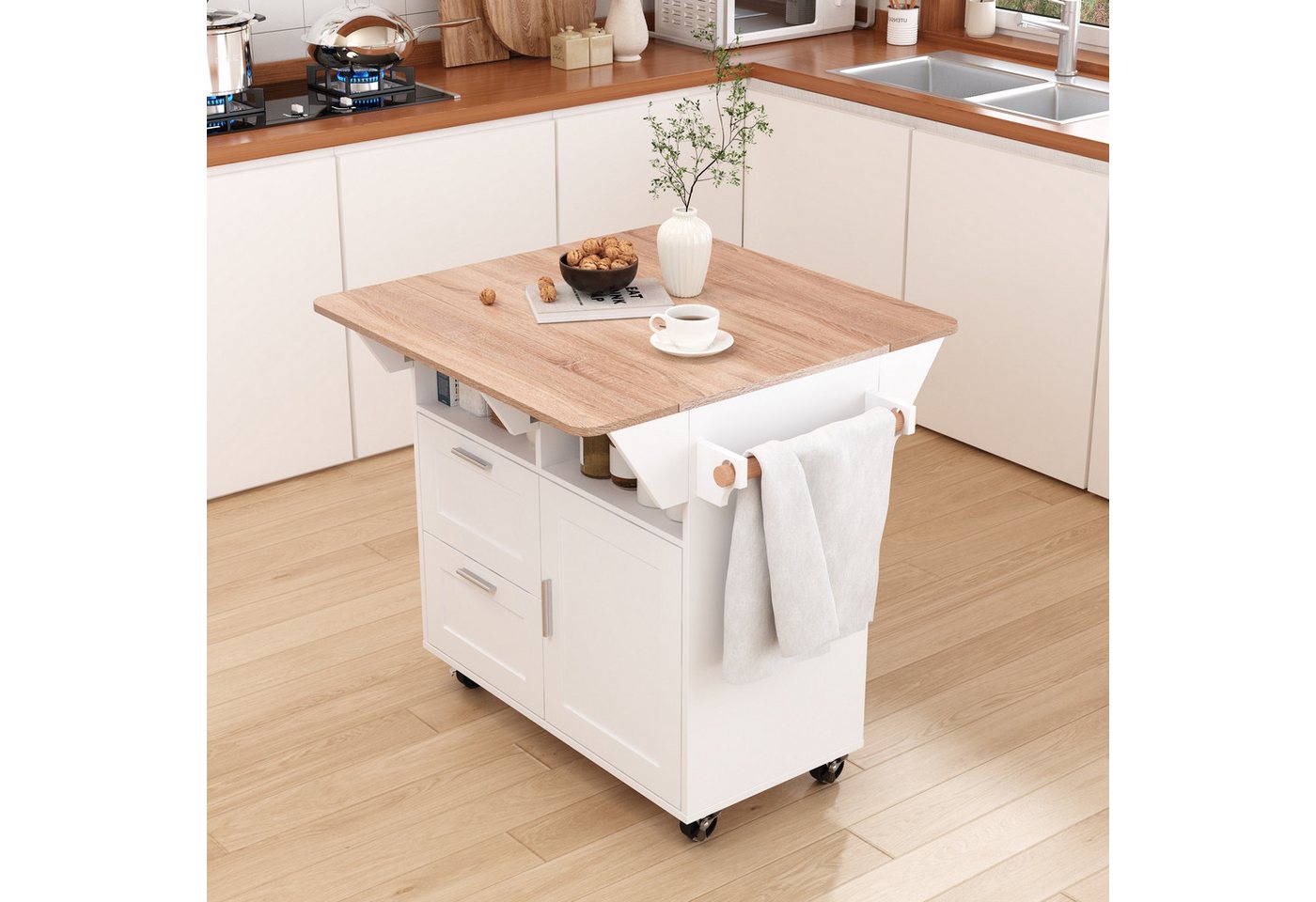 FUFU&GAGA Kücheninsel Kücheninsel mit Rollen, MDF, Weiß, 80 x 80 x 80,5cm – Bild 2 von 5