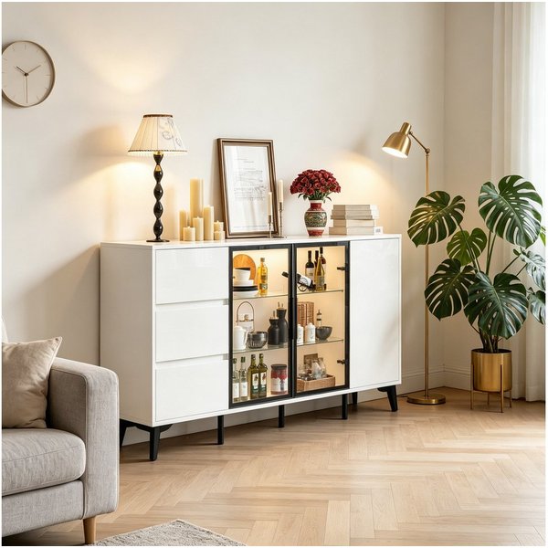 FUFU&GAGA Sideboard 140-160cm Glasvitrine Vitrinenschrank, mit Beleuchtung 3 Farbe