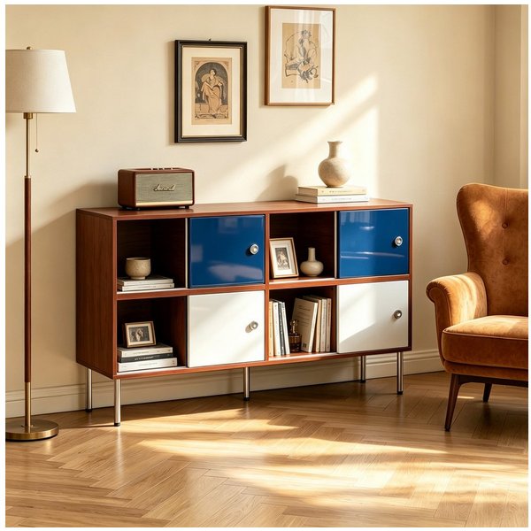 FUFU&GAGA Sideboard 140-160cm mit Schiebetüren, Mid-Century Kommode Walnuss/Blau/Weiß